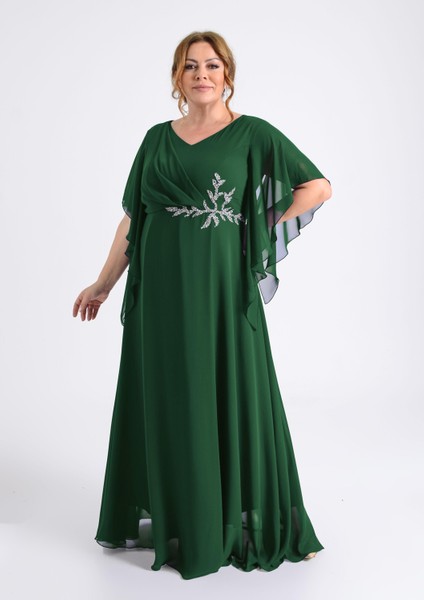 Büyük Beden Yeşil Renkli Yırtmaçlı Uzun Şifon Abiye Elbise modelleri