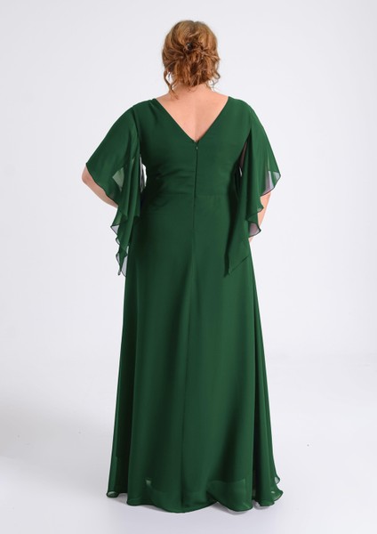 Büyük Beden Yeşil Renkli Yırtmaçlı Uzun Şifon Abiye Elbise indirimleri