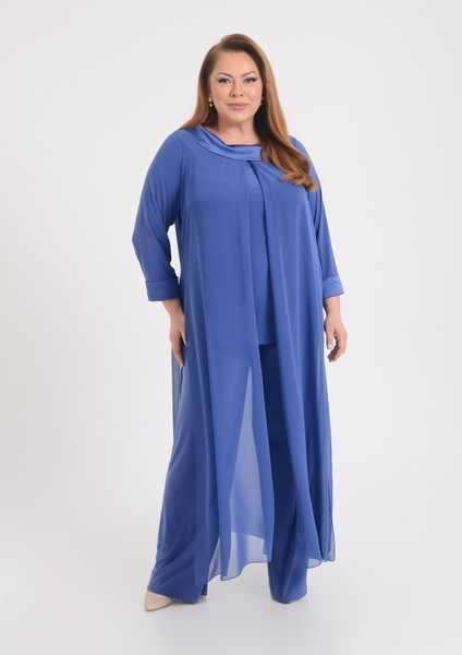 Büyük Beden Indigo Renkli Şifon Abiye Pantolon Tunik Takım