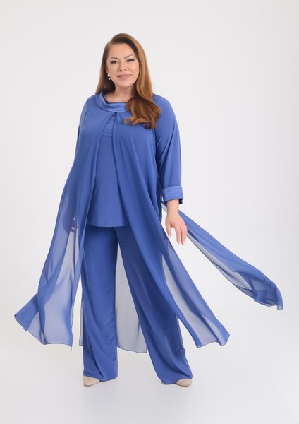 Büyük Beden Indigo Renkli Şifon Abiye Pantolon Tunik Takım fiyatları