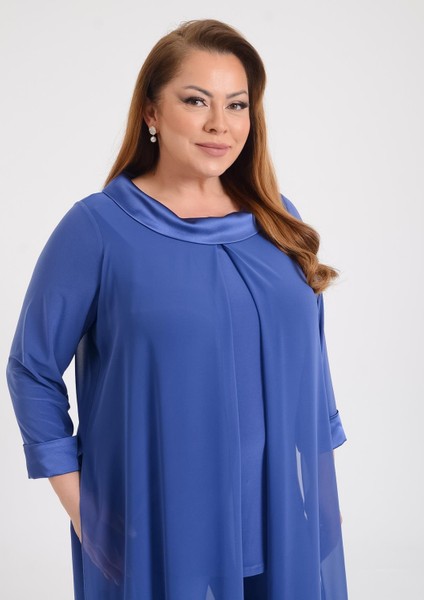 Büyük Beden Indigo Renkli Şifon Abiye Pantolon Tunik Takım modelleri