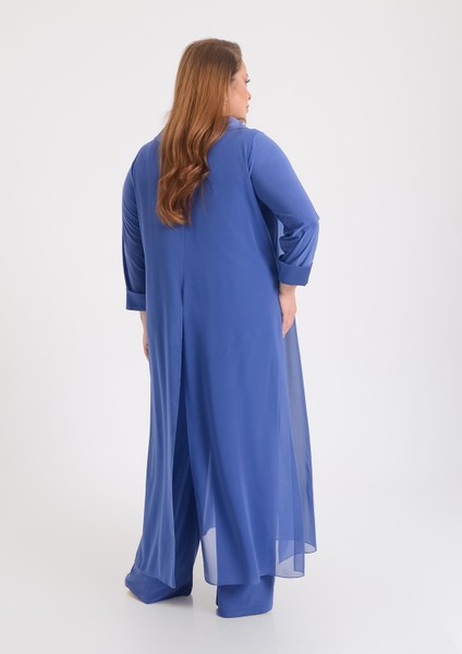 Büyük Beden Indigo Renkli Şifon Abiye Pantolon Tunik Takım fırsatları