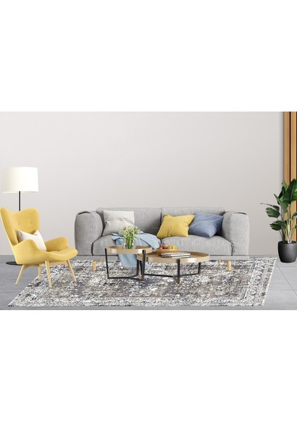 Klasik Gri Dijital Baskılı Makinede Yıkanabilir Kaymaz Taban Saçaklı Halı Hk018