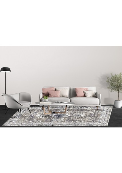 Klasik Gri Dijital Baskılı Makinede Yıkanabilir Kaymaz Taban Saçaklı Halı Hk018