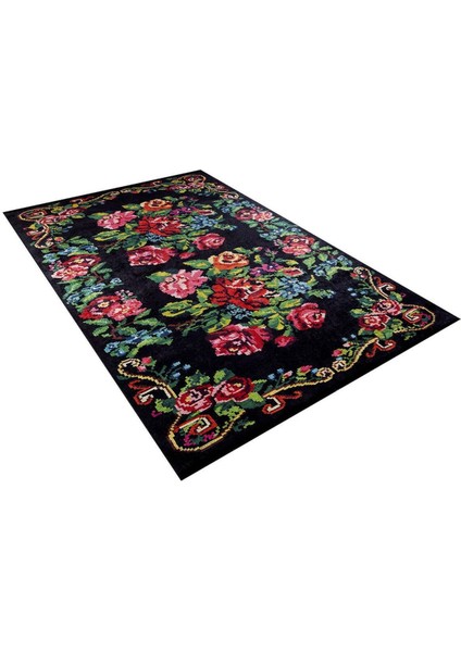 Klasik Siyah Dijital Baskılı Makinede Yıkanabilir Kaymaz Taban Saçaklı Halı Hk037 fırsatları