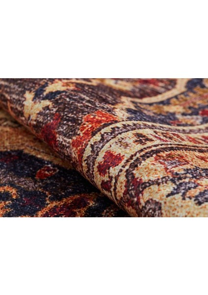 Klasik Kahve Kırmızı Dijital Baskılı Makinede Yıkanabilir Kaymaz Taban Saçaklı Halı Hk046 indirimleri