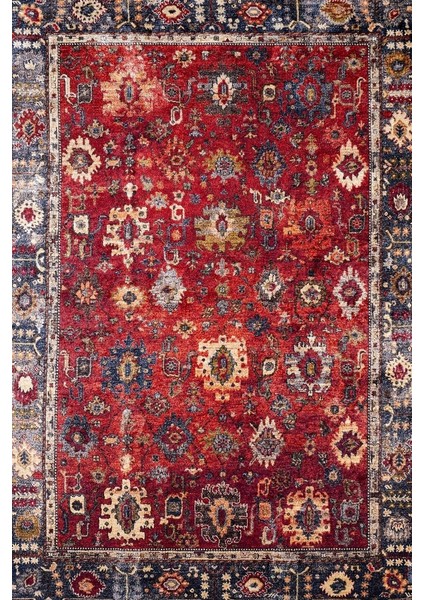 Klasik Kırmızı Dijital Baskılı Makinede Yıkanabilir Kaymaz Taban Saçaklı Halı Hk047