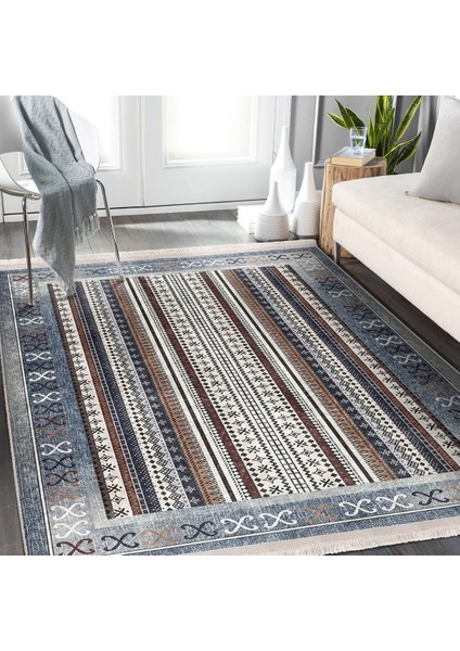Klasik Gri Dijital Baskılı Makinede Yıkanabilir Kaymaz Taban Saçaklı Halı Hk005