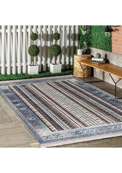 Klasik Gri Dijital Baskılı Makinede Yıkanabilir Kaymaz Taban Saçaklı Halı Hk005