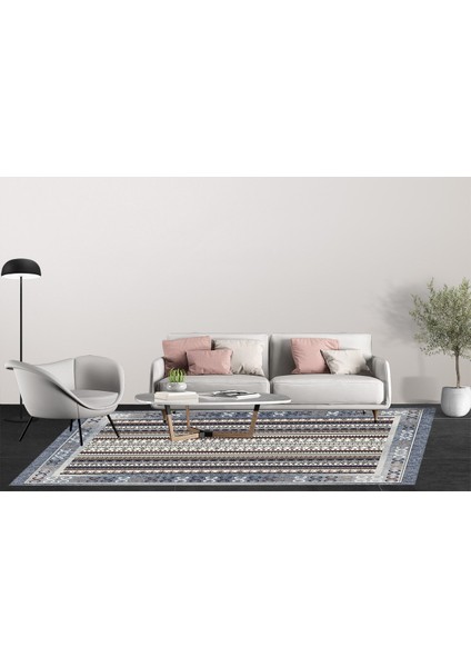 Klasik Gri Dijital Baskılı Makinede Yıkanabilir Kaymaz Taban Saçaklı Halı Hk005