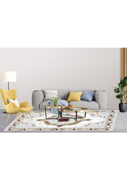 Klasik Gri Beyaz Dijital Baskılı Makinede Yıkanabilir Kaymaz Taban Saçaklı Halı Hk013 fırsatları