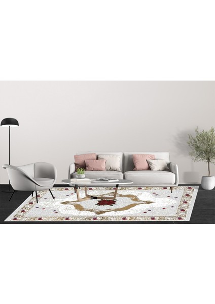 Klasik Gri Beyaz Dijital Baskılı Makinede Yıkanabilir Kaymaz Taban Saçaklı Halı Hk013 modelleri