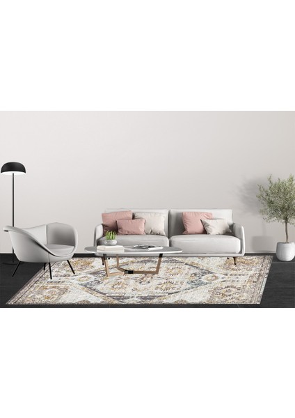Klasik Kahve Krem Dijital Baskılı Makinede Yıkanabilir Kaymaz Taban Saçaklı Halı Hk017 modelleri