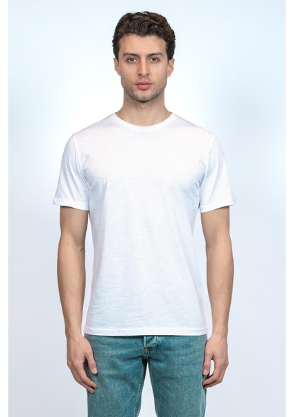 Hscstore Erkek Bisiklet Yakalı Basic Beyaz Tişört - 8409
