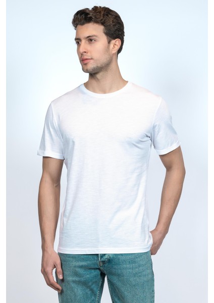 Hscstore Erkek Bisiklet Yakalı Basic Beyaz Tişört - 8409