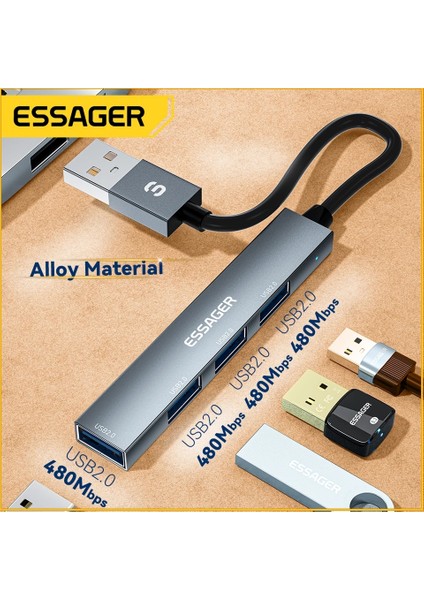 4'ün 1'i Hub Çoklayıcı CE/FC/ROHS Lisanslı Laptop/Bilgisayar/ USB Girişli 480Mbps Usb4x2.0 Usb Girişli Metal Aleminyum Sağlam 480Mbps Hızlı