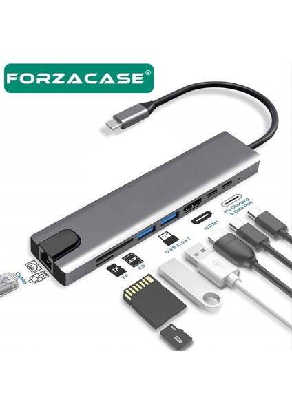 Notebook Macbook Type-C Görüntü Aktarıcı 8in1 Ethernet Sd USB HDMI Çevirici Hub Hdtv FC386 fiyatları