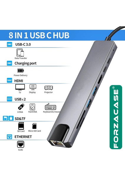 Notebook Macbook Type-C Görüntü Aktarıcı 8in1 Ethernet Sd USB HDMI Çevirici Hub Hdtv FC386 modelleri