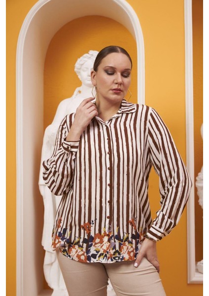 Hscstore Kadın Desenli Büyük Beden Kahverengi Gömlek - O6339 fiyatları