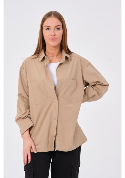 Hscstore Kadın Cep Detaylı Çıtçıt Kapamalı Bej Gömlek - Ayzer modelleri