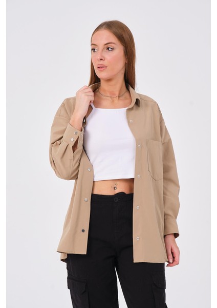 Hscstore Kadın Cep Detaylı Çıtçıt Kapamalı Bej Gömlek - Ayzer fırsatları