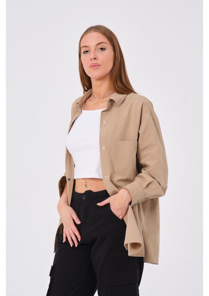 Hscstore Kadın Cep Detaylı Çıtçıt Kapamalı Bej Gömlek - Ayzer indirimleri