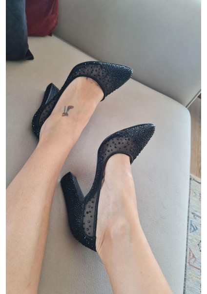 135 55335 Topukla Kadın Kalın Topuklu Tül Taşlı Abiye Ayakkabı