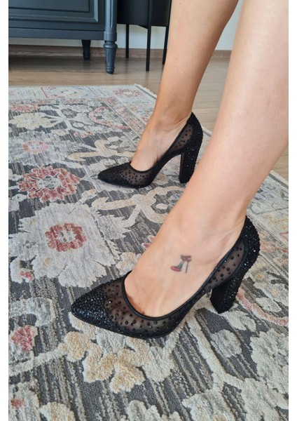 135 55335 Topukla Kadın Kalın Topuklu Tül Taşlı Abiye Ayakkabı fiyatları