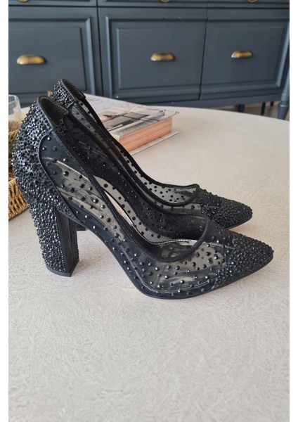 135 55335 Topukla Kadın Kalın Topuklu Tül Taşlı Abiye Ayakkabı modelleri