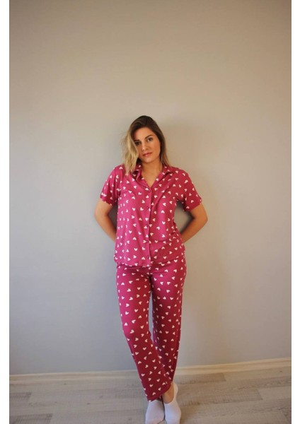 Kadın Düşük Kol Oversize Üst Önden Düğmeli Kısa Kol Viskon Gömlek Yaka Pijama Takımı
