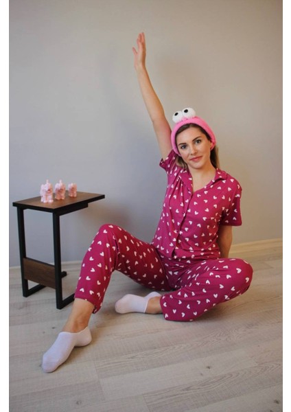 Kadın Düşük Kol Oversize Üst Önden Düğmeli Kısa Kol Viskon Gömlek Yaka Pijama Takımı