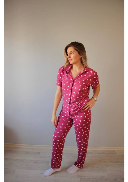 Kadın Düşük Kol Oversize Üst Önden Düğmeli Kısa Kol Viskon Gömlek Yaka Pijama Takımı