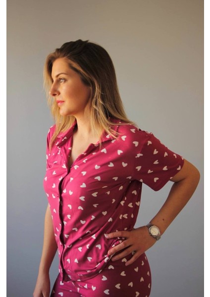Kadın Düşük Kol Oversize Üst Önden Düğmeli Kısa Kol Viskon Gömlek Yaka Pijama Takımı