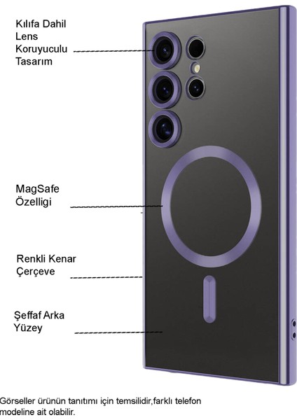 Caseart Samsung Galaxy S24 Kapak Mag Safe Özellikli Lens Korumalı Logo Gösteren Şeffaf Luxury Silikon Kılıf -Siyah