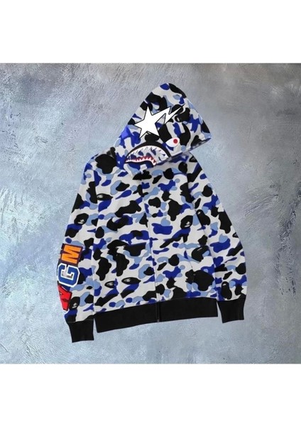 Erkek 2 Iplik Bape Kapüşonu Fermuarlı Hırka - Gri