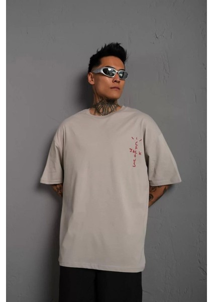 Erkek Sırt Baskılı Bağcık Detay Oversize T-Shirt - Gri