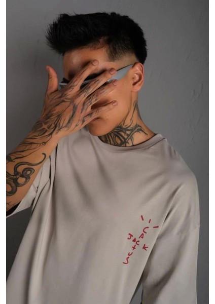Erkek Sırt Baskılı Bağcık Detay Oversize T-Shirt - Gri