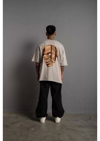 Erkek Sırt Baskılı Bağcık Detay Oversize T-Shirt - Gri