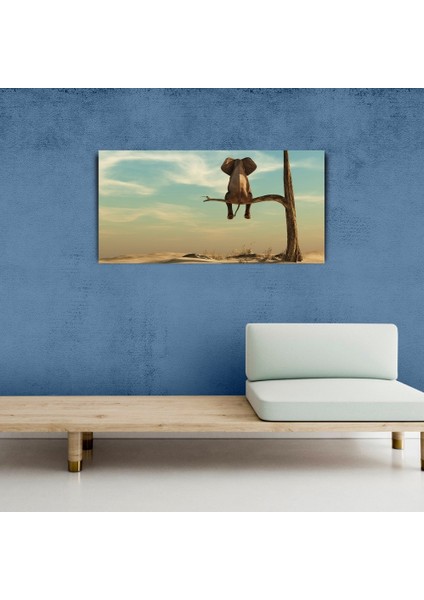 Fil, Çöl ve Kuru Ağaç Retro Kanvas Tablo 60X120