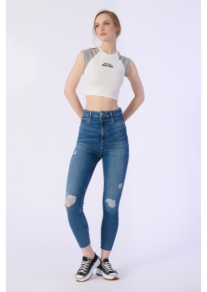 Skınny Cep Kapalı Dizler Lazerlı Paça Kesik Denim Pantolon fırsatları