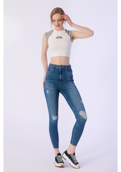 Skınny Cep Kapalı Dizler Lazerlı Paça Kesik Denim Pantolon