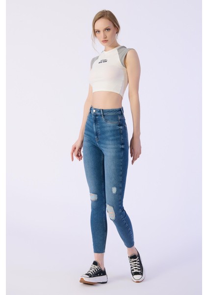 Skınny Cep Kapalı Dizler Lazerlı Paça Kesik Denim Pantolon indirimleri