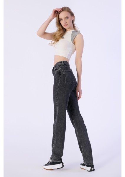 Straıght Mıd Waıst Düz Denim Pantolon Kadın fırsatları