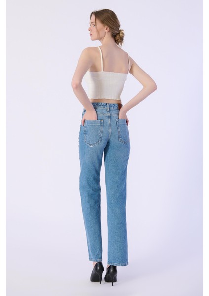 Wide Leg Kalıp Cep Altı Taş Detay Denim Pantolon