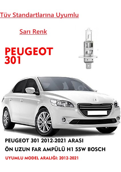 Peugeot 301 2012-2021 Uyumlu Arası Ön Uzun Far Ampülü Sarı 55W