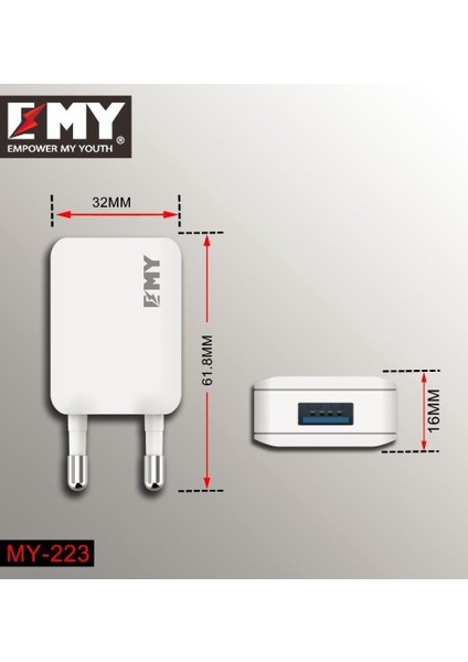 My-223 Android Şarj Aleti USB Çıkışlı Samsung Galaxy S3/4/5/6/7, LG G3/4, Sony Xperia Serisi uyumlu