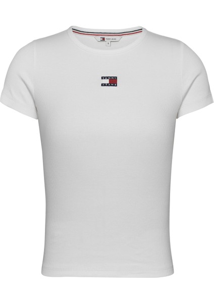 Bisiklet Yaka Düz Beyaz Kadın T-Shirt Tjw Slım Badge Rıb Tee