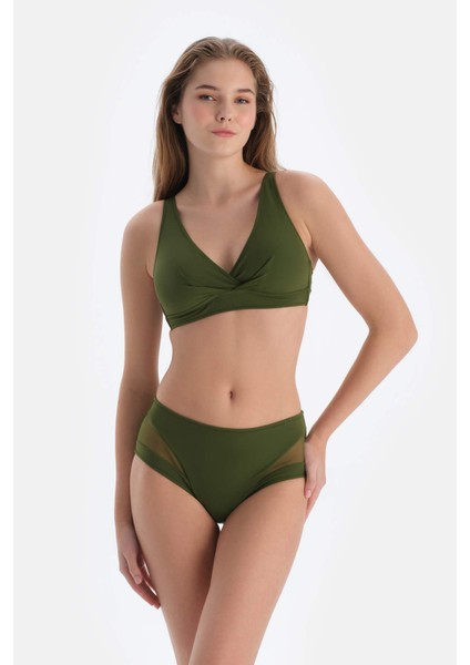 Haki Tül Detaylı Yüksek Bel Bikini Alt