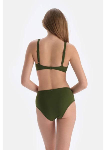 Haki Tül Detaylı Yüksek Bel Bikini Alt