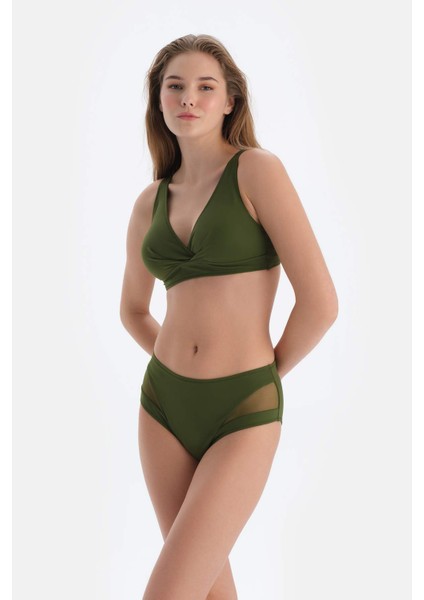 Haki Tül Detaylı Yüksek Bel Bikini Alt